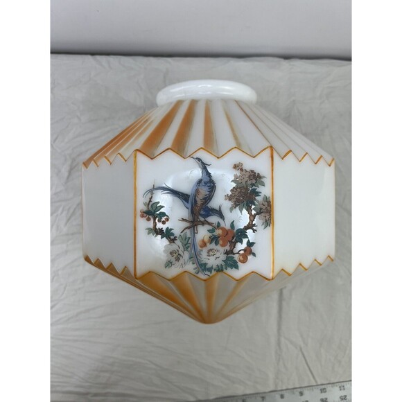 Vtg 30s Accordion Octagonal Frosted Orange‎ Birds Paradise Glass Swag Lamp Shade - Picture 15 of 16